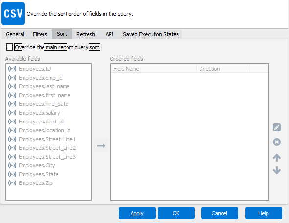 Edit report screen with the sort tab selected.